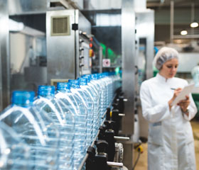 Mujer apuntado en un documento la producción de botellas de agua